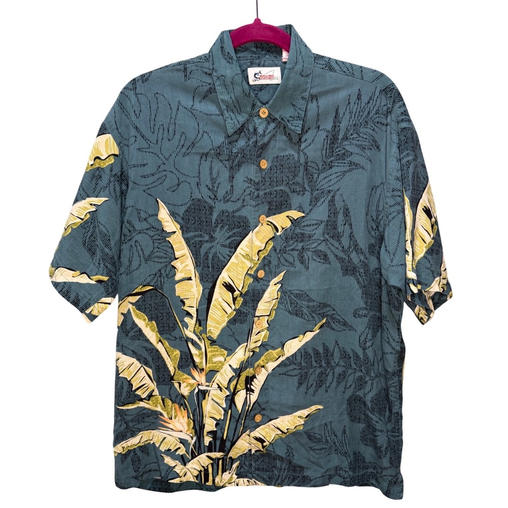 World Wide Sportsman Mens Silk Tropical Bird Paradise Hawaiian Camp Shirt Teal M